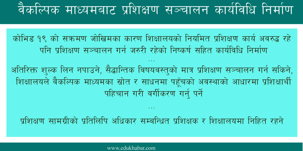 वैकल्पिक माध्यमबाट प्रशिक्षण : अतिरिक्त शुल्क लिन नपाउने 